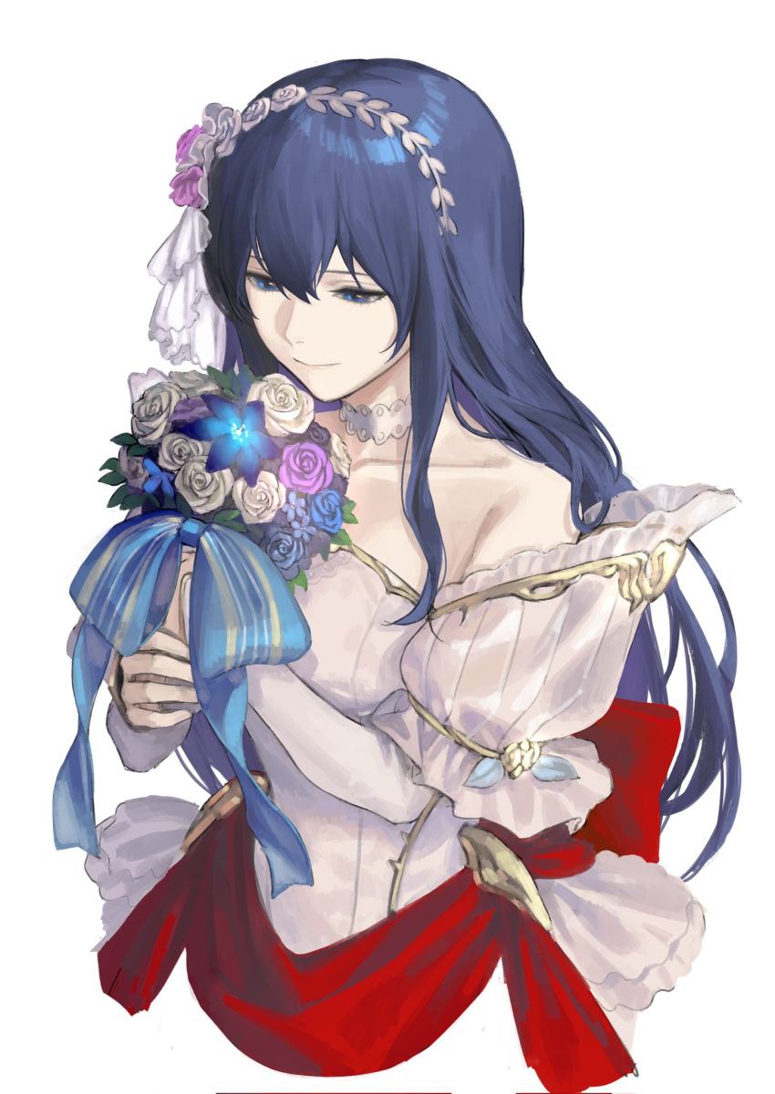 1girl, bangs, bare_shoulders, blue_eyes, blue_flower, blue_hair, blue_rose, bouquet, bride_(fire_emblem), caeda_(bridal)_(fire_emblem), caeda_(fire_emblem), closed_mouth, collarbone, commentary, cropped_torso, detached_sleeves, dress, fire_emblem, fire_emblem:_mystery_of_the_emblem, fire_emblem:_shadow_dragon, fire_emblem_heroes, flower, hair_between_eyes, hair_flower, hair_ornament, highres, holding, holding_bouquet, long_hair, mik_blamike, official_alternate_costume, pink_flower, pink_rose, purple_flower, purple_rose, rose, simple_background, smile, solo, wedding_dress, white_background, white_dress, white_flower, white_rose, white_sleeves
