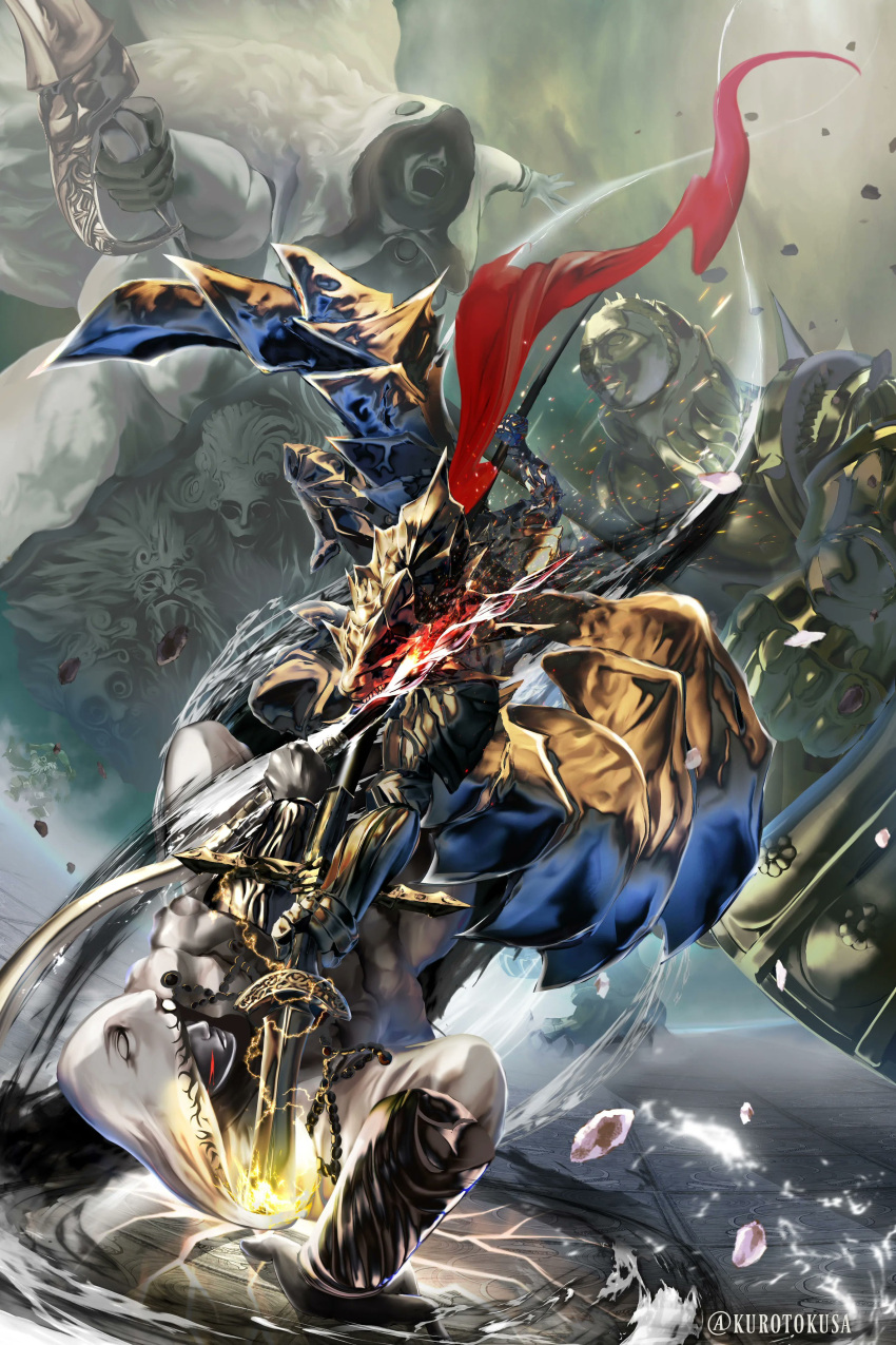 4boys, absurdres, armor, battle, company_connection, dark_souls_(series), dark_souls_i, dragon_slayer_ornstein