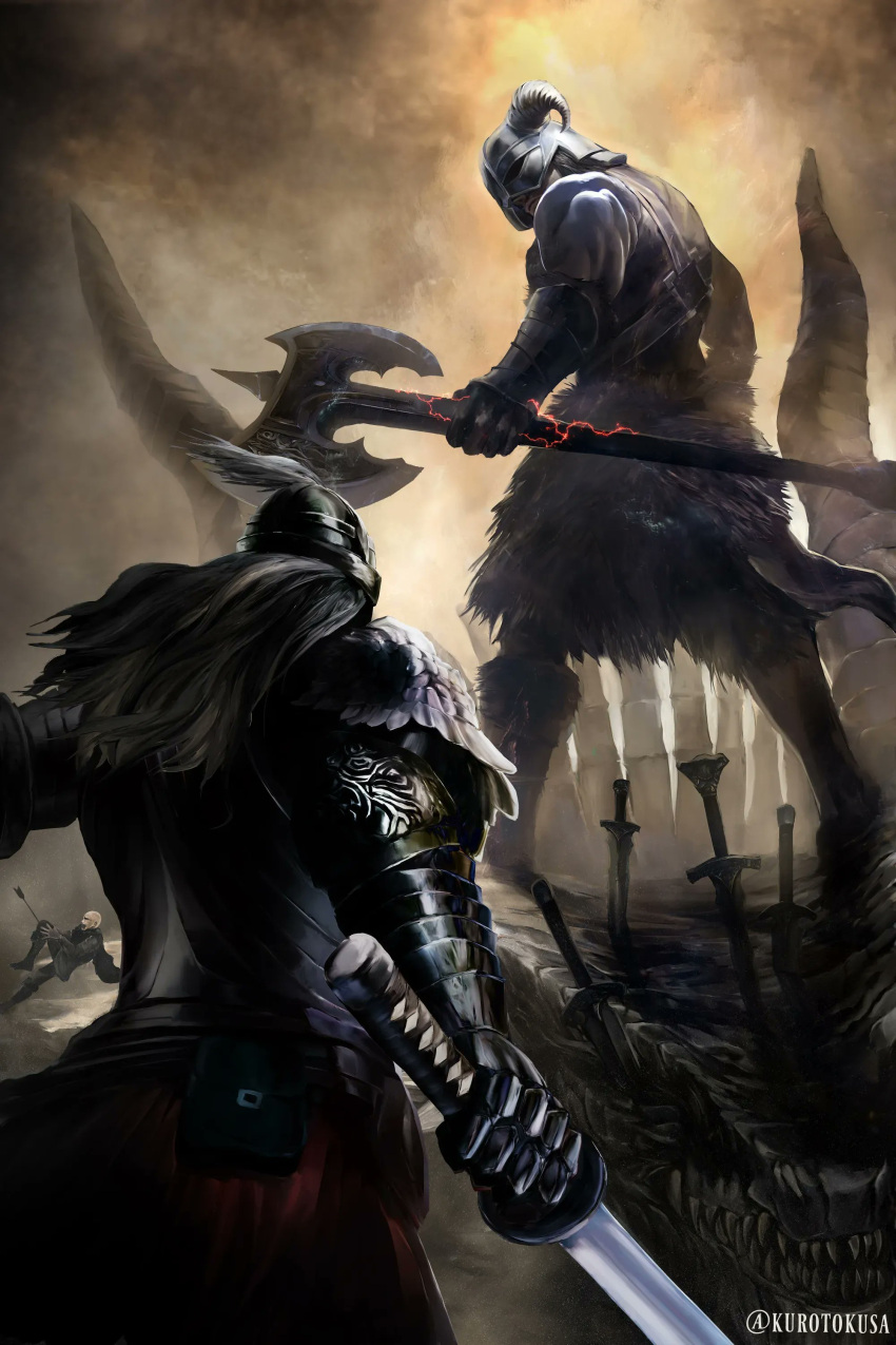 3boys, absurdres, armor, arrow_(projectile), axe, battle_axe, bloody_wolf_(elden_ring), dovahkiin, dragon, dragon_horns, dragonborn, elden_ring, fake_horns, hand_on_own_knee, helmet, highres, holding, holding_axe, holding_sword, holding_weapon, horned_helmet, horns, knee_up, kurotokusa, md5_mismatch, multiple_boys, patches_(from_software), sword, tarnished_(elden_ring), the_elder_scrolls, the_elder_scrolls_v:_skyrim, weapon