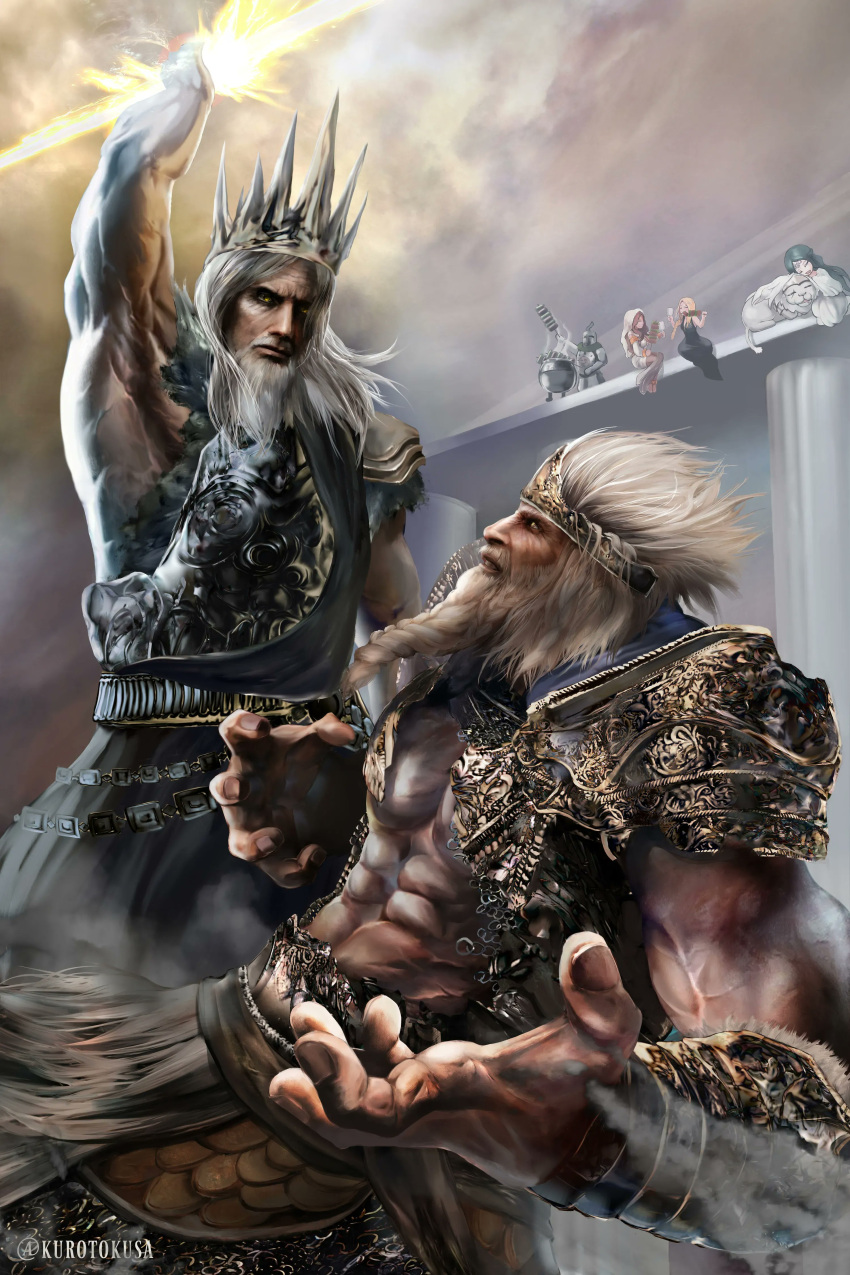 3boys, 3girls, absurdres, battle, braid, braided_beard, company_connection, cooking