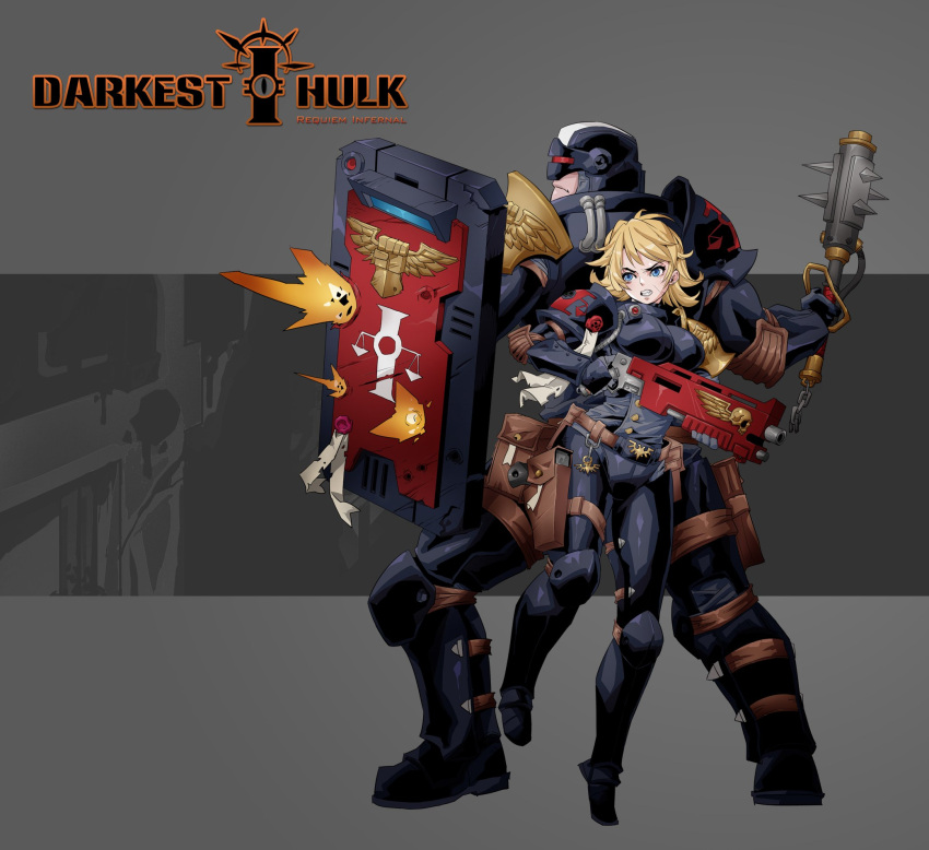 1boy, 1girl, adeptus_arbites, blonde_hair, blue_eyes, chain, darkest_dungeon, gun
