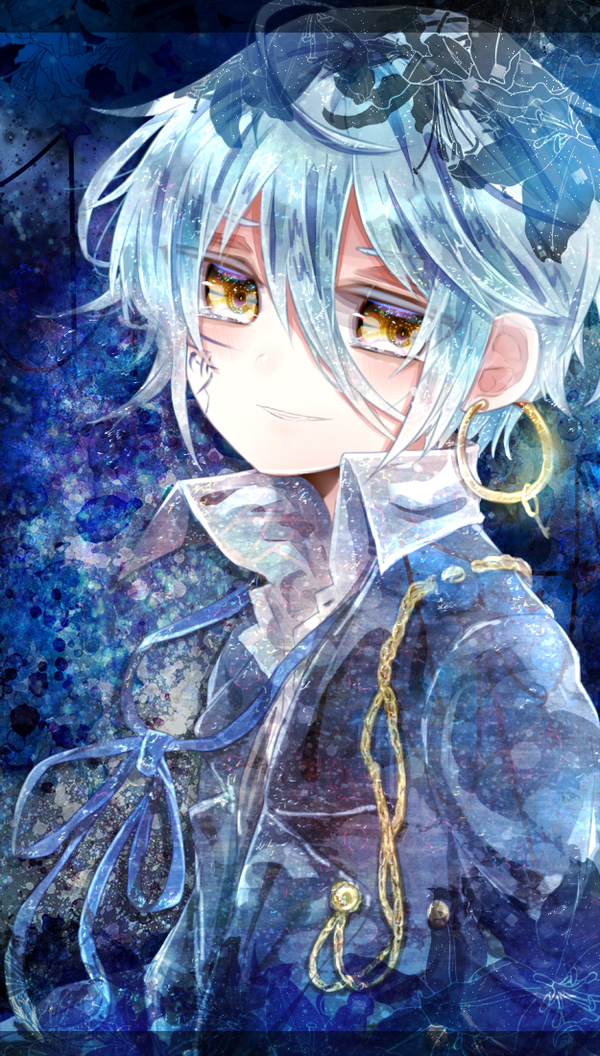 1boy, ahoge, akira_(seventh_heaven), black_jacket, blue_hair, blue_ribbon, blue_theme, collared_shirt, earrings, jacket, jewelry, long_sleeves, looking_at_viewer, male_focus, ribbon, seventh_heaven, shirt, short_hair, smile, solo, soraga_aoi, teeth, white_shirt, yellow_eyes