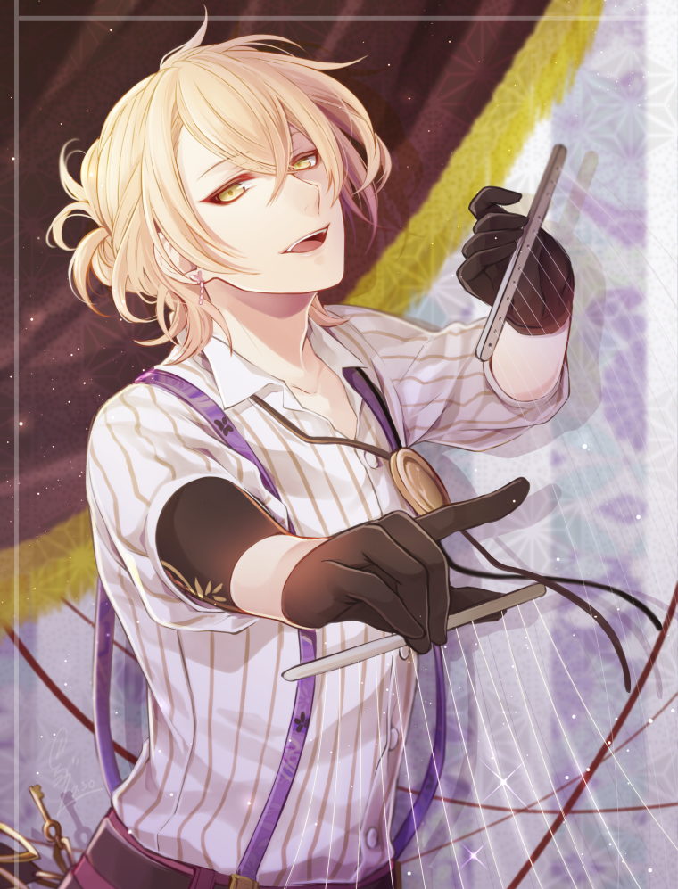 1boy, belt, black_gloves, blonde_hair, brown_belt, collared_shirt, gloves, kuro_yoshiwara_melancholia