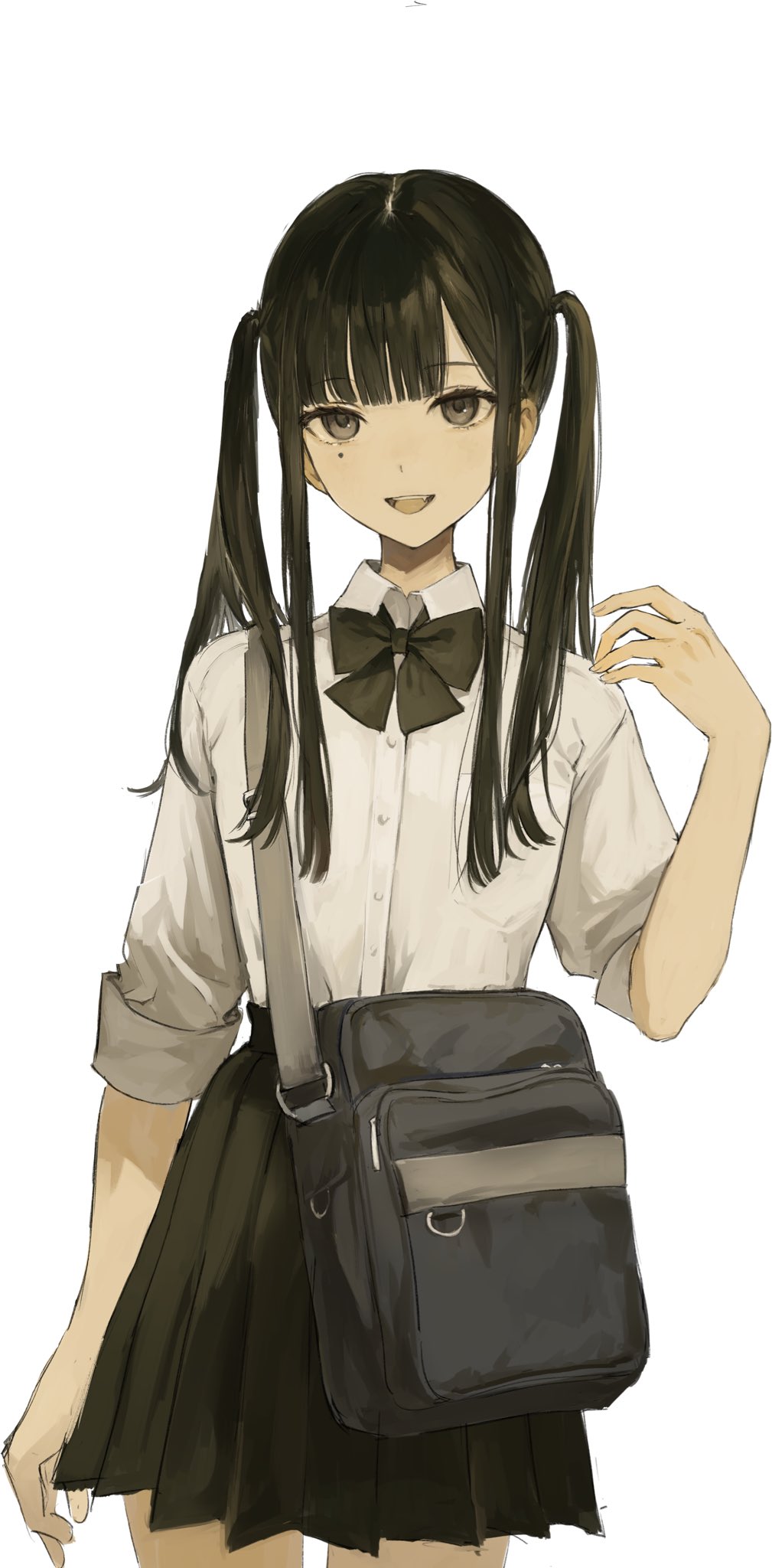1girl, :d, arm_up, bag, black_bow, black_hair, black_skirt, bow
