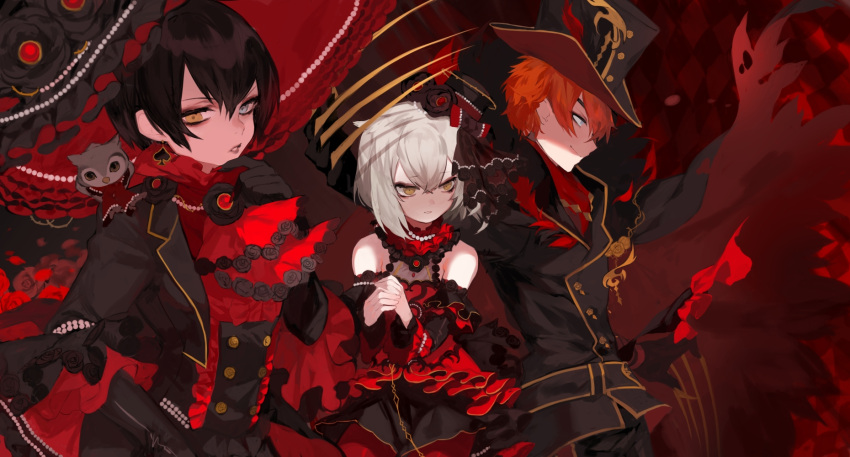 3boys, bird, black_hair, blue_eyes, eva_armstrong, facing_to_the_side, heterochromia, highres