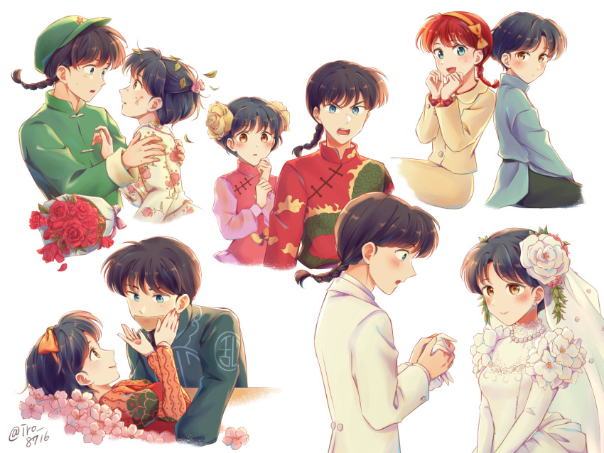 1boy, 1girl, angry, animal_print, back-to-back, bangs, black_hair, blue_eyes