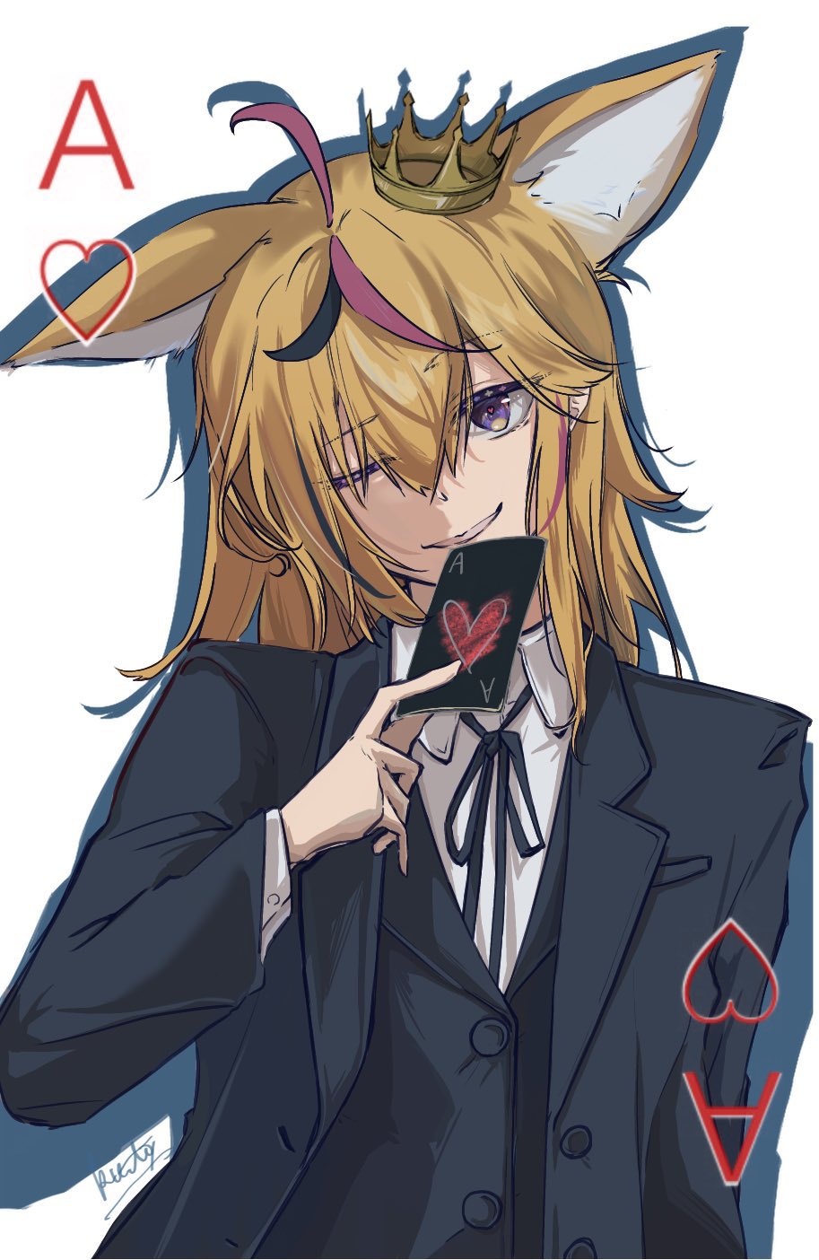 1girl, ;), ace_of_hearts, animal_ears, bangs, black_card, blonde_hair, bolo_tie