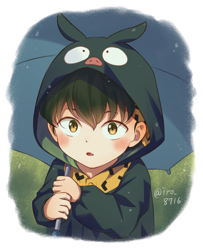 1boy, :o, aged_down, animal_hood, bangs, brown_eyes, character_hood, child