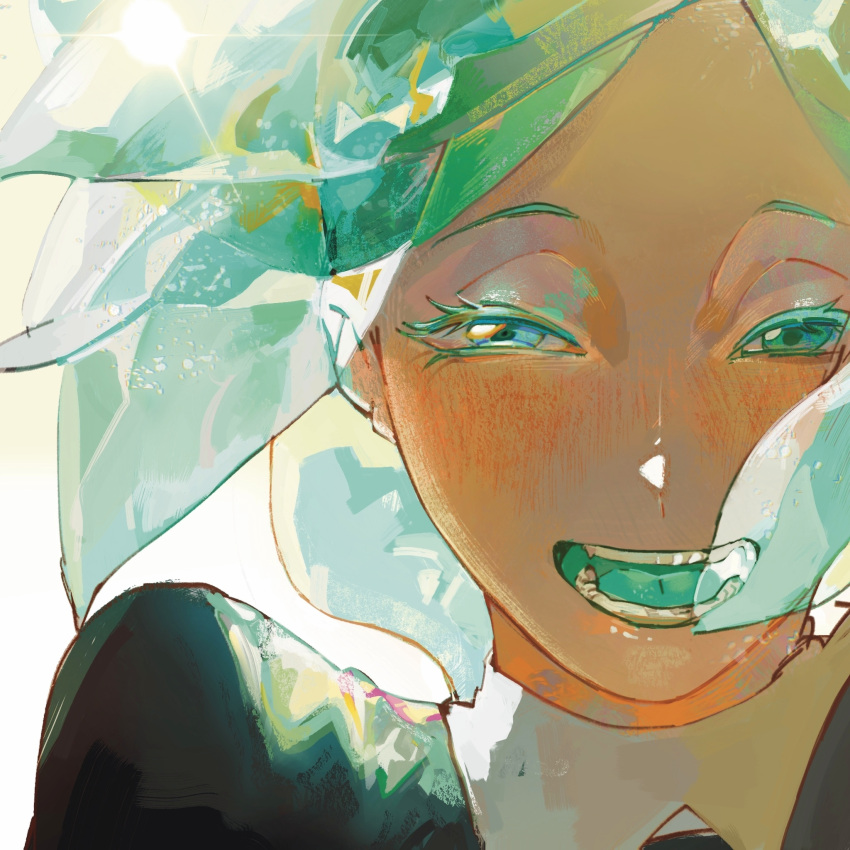 1other, androgynous, aqua_eyes, aqua_hair, bangs, black_shirt, blush, collared_shirt
