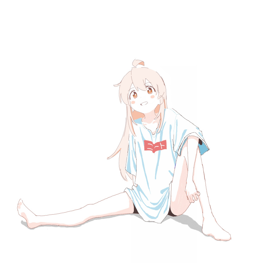1girl, absurdres, ahoge, bare_legs, clothes_writing, commentary_request, highres, long_hair
