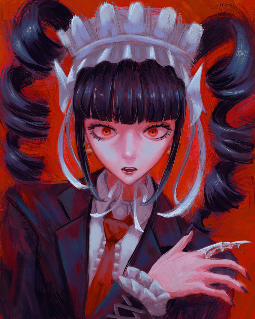 1girl, bangs, black_hair, black_jacket, black_nails, blunt_bangs, bonnet, celestia_ludenberg