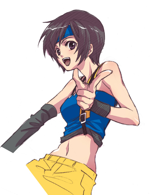 bare_shoulders, black_eyes, black_hair, dirge_of_cerberus_final_fantasy_vii, female, final_fantasy, final_fantasy_vii, headband, midriff, open_mouth, short_hair, shorts, solo, wristband, yasuyuki_syuri, yuffie_kisaragi