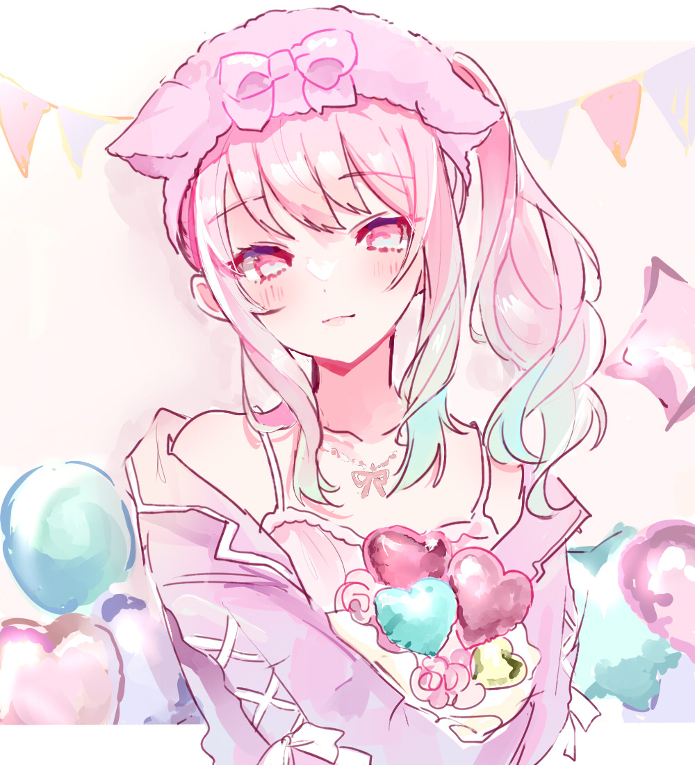 1other, akiyama_mizuki, androgynous, animal_ears, asagimu_(tsuktsuk), balloon, blue_hair, commentary_request