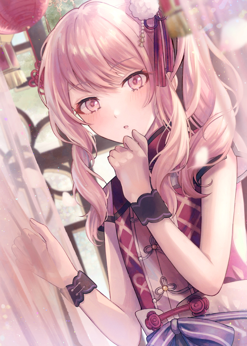 1other, absurdres, akiyama_mizuki, androgynous, blush, chinese_clothes, commentary_request, curtains, hakunetsu_kamikou_ouendan!_(project_sekai), heartcolor89, highres, long_hair, looking_at_viewer, parted_lips, partial_commentary, pink_eyes, pink_hair, project_sekai, red_shirt, shirt, short_sleeves, side_ponytail, skirt, wavy_hair, white_skirt