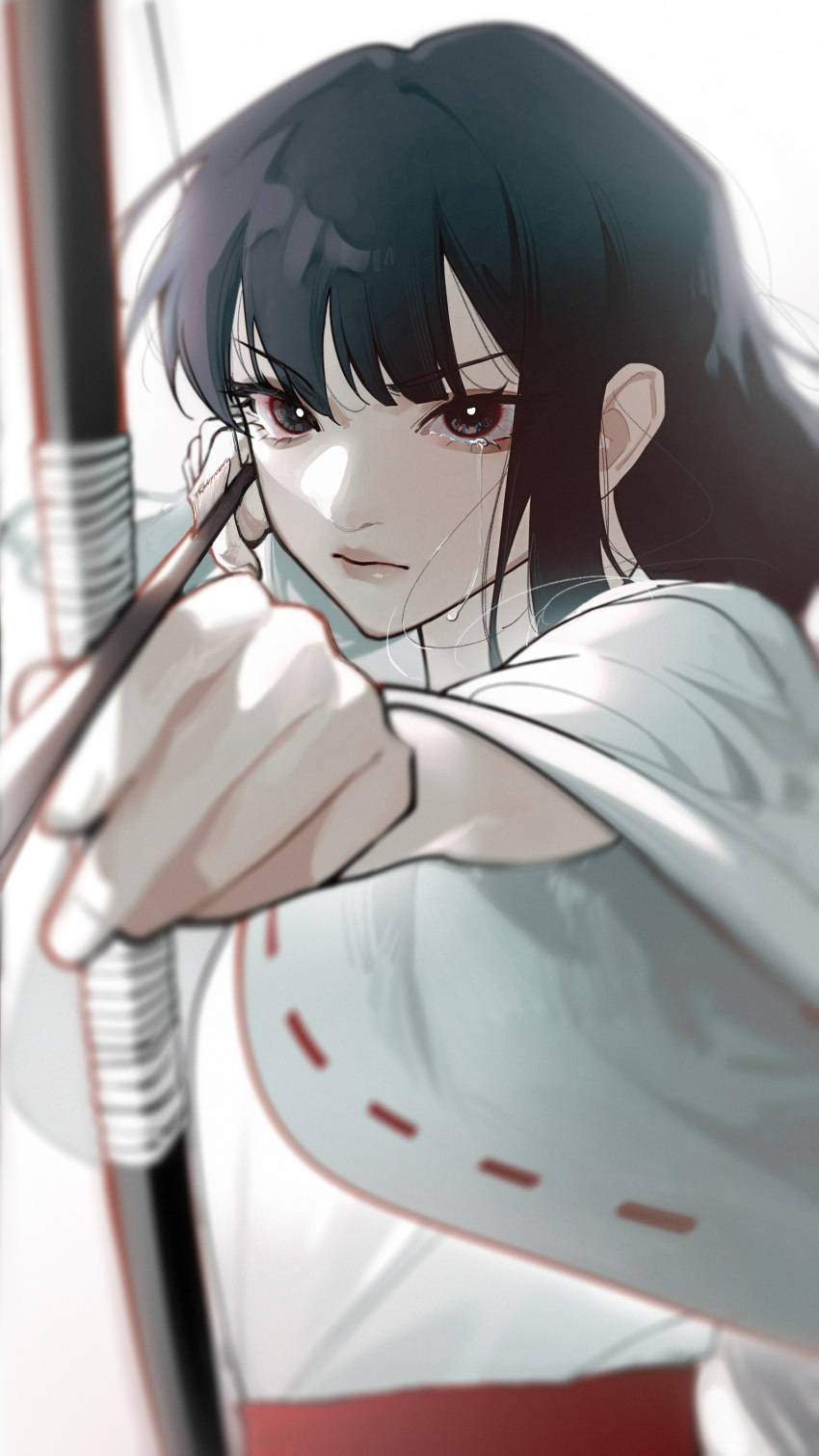 1girl, absurdres, aiming, aiming_at_viewer, archery, arrow_(projectile), bangs, black_hair