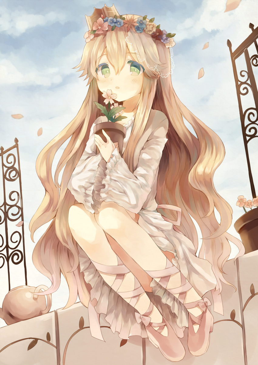1girl, absurdres, blush, brown_hair, crown, dress, falling_petals, flower