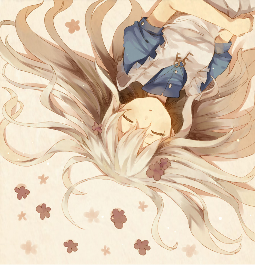 1girl, apron, blonde_hair, blue_shirt, closed_eyes, dot_nose, flower, highres