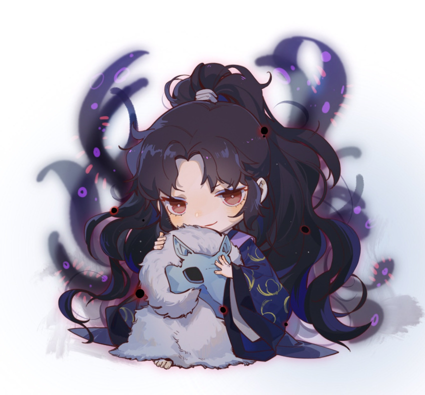 1boy, aura, bangs, barefoot, black_hair, chibi, eyeshadow, full_body