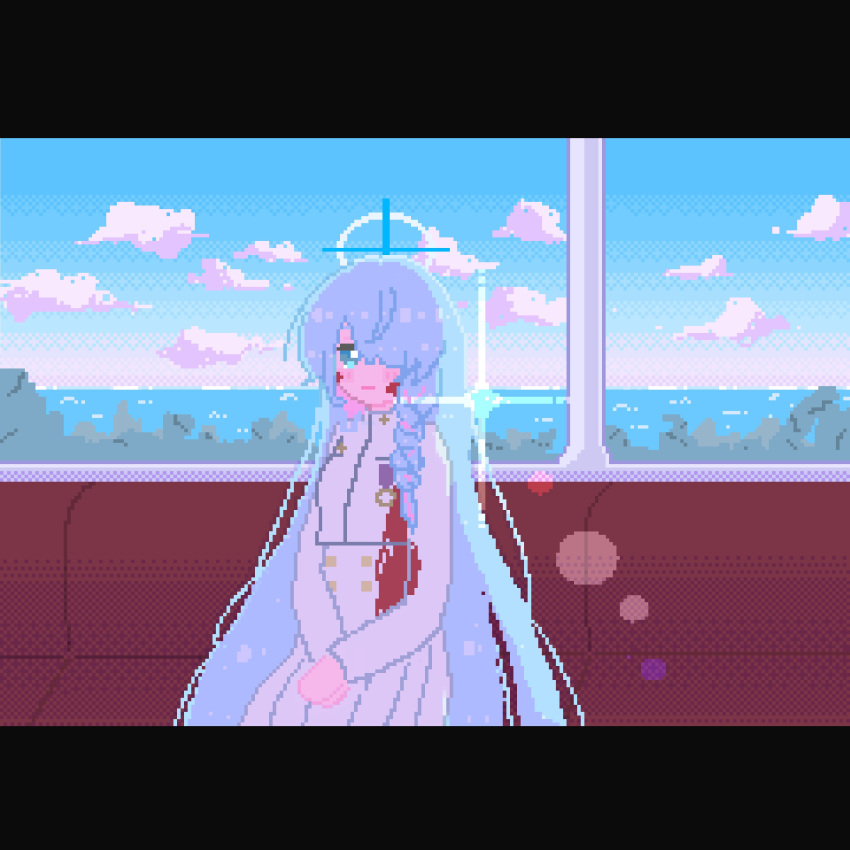 1girl, absurdres, aqua_eyes, bangs, blood, blood_on_clothes, blood_on_face, blue_archive, blue_hair, blush, braid, closed_mouth, clouds, cloudy_sky, colored_inner_hair, commentary_request, cowboy_shot, day, expressionless, general_student_council_president_(blue_archive), hair_over_one_eye, halo, highres, indoors, injury, letterboxed, long_hair, long_sleeves, looking_at_viewer, multicolored_hair, nasu_nasu79, ocean, pink_hair, pixel_art, sitting, sky, solo, two-tone_hair, uniform, very_long_hair