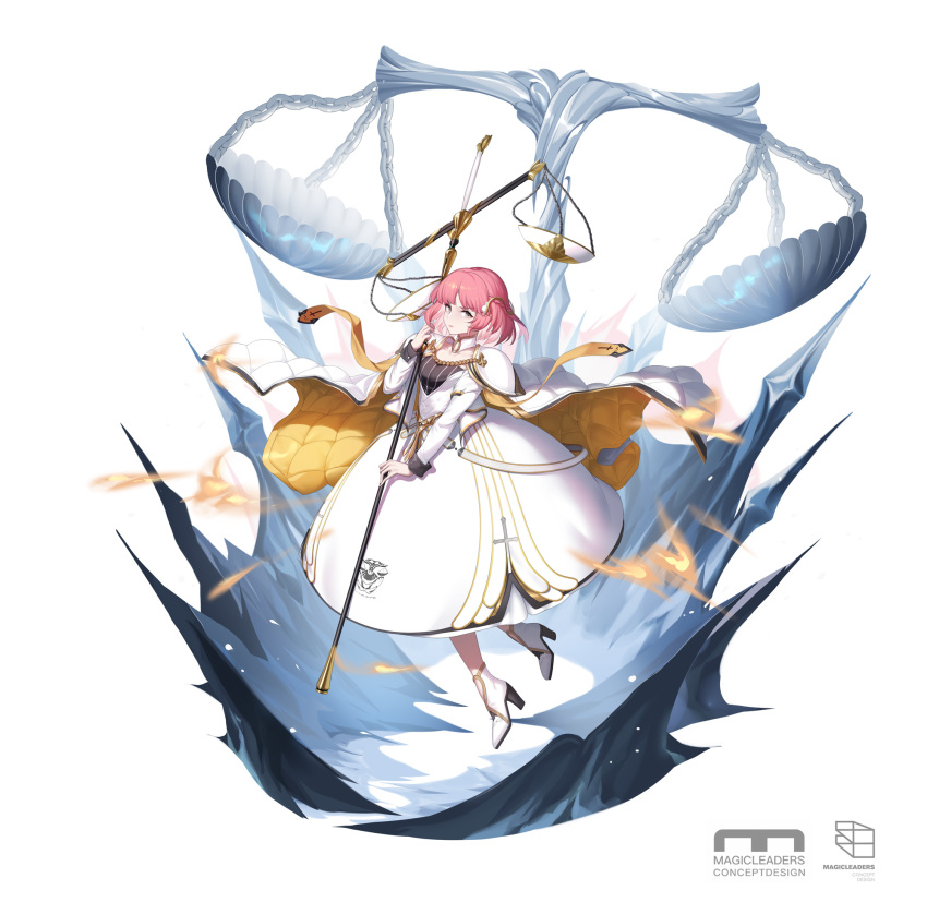 1girl, balance_scale, bangs, boots, braid, breasts, brown_eyes, cape, cartonbox_(zhixiang_zhi), chinese_commentary, closed_mouth, commentary_request, concept_art, copyright_name, cross, dated_commentary, dress, full_body, gold_trim, hair_ornament, high_heel_boots, high_heels, highres, holding, holding_scale, long_sleeves, looking_at_viewer, looking_to_the_side, magicleaders, pink_hair, short_hair, shoulder_pads, simple_background, small_breasts, solo, swept_bangs, weighing_scale, white_background, white_cape, white_dress, white_footwear