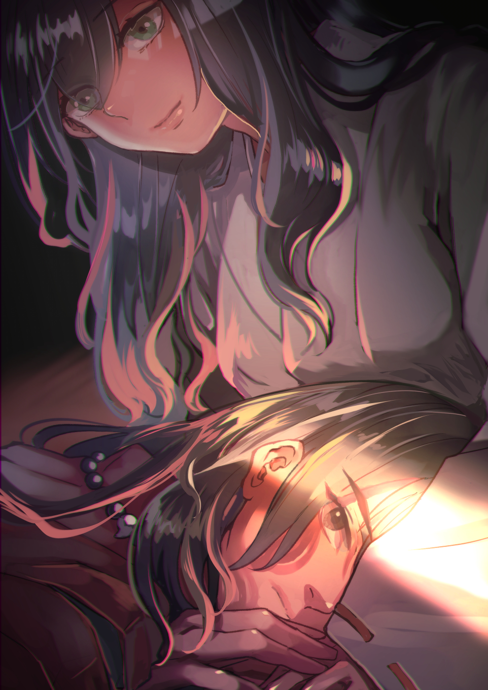 1boy, 1girl, alternate_form, bangs, bead_necklace, beads, black_hair, closed_mouth
