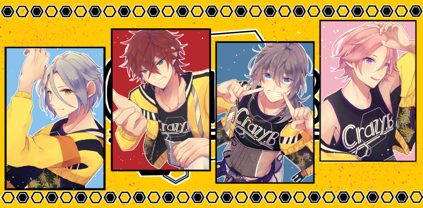 4boys, amagi_rinne, black_jacket, black_tank_top, blue_background, blue_eyes, blue_hair, closed_mouth
