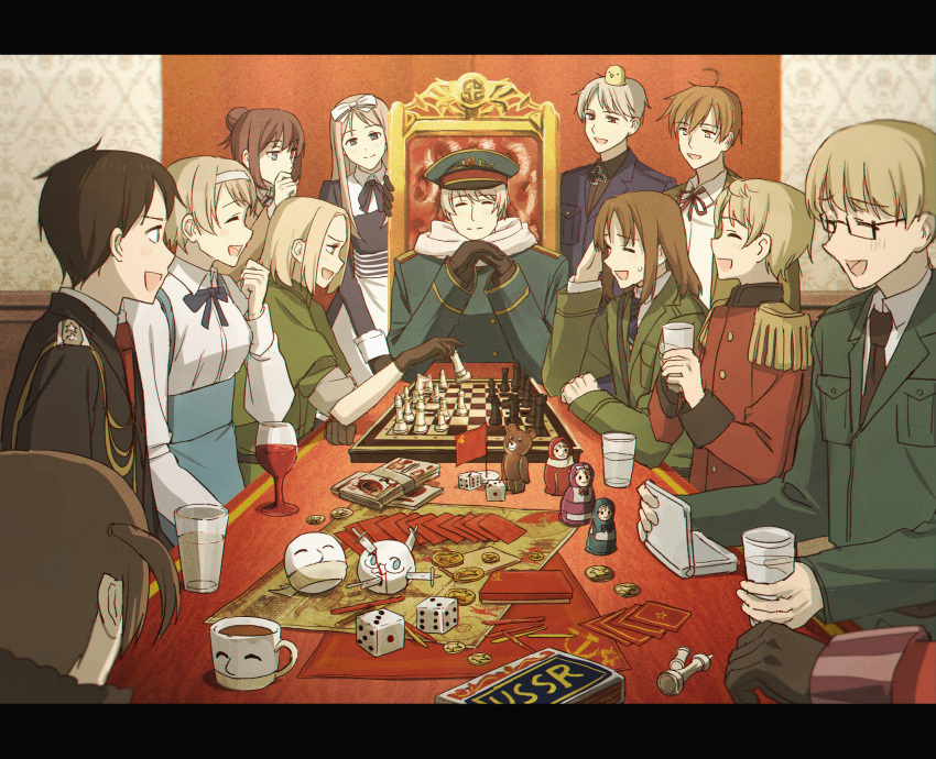 alcohol, axis_powers_hetalia, belarus_(hetalia), bird, black_hair, blonde_hair, board_game, bulgaria_(hetalia), card, chess, communist_flag, czech_republic_(hetalia), dice, estonia_(hetalia), glasses, gloves, highres, knife, latvia_(hetalia), lithuania_(hetalia), matryoshka_doll, military, military_uniform, money, necktie, personification, playing_card, poland_(hetalia), prussia_(hetalia), russia_(hetalia), slovakia_(hetalia), throne, ukraine_(hetalia), uniform, wine, ymgr64