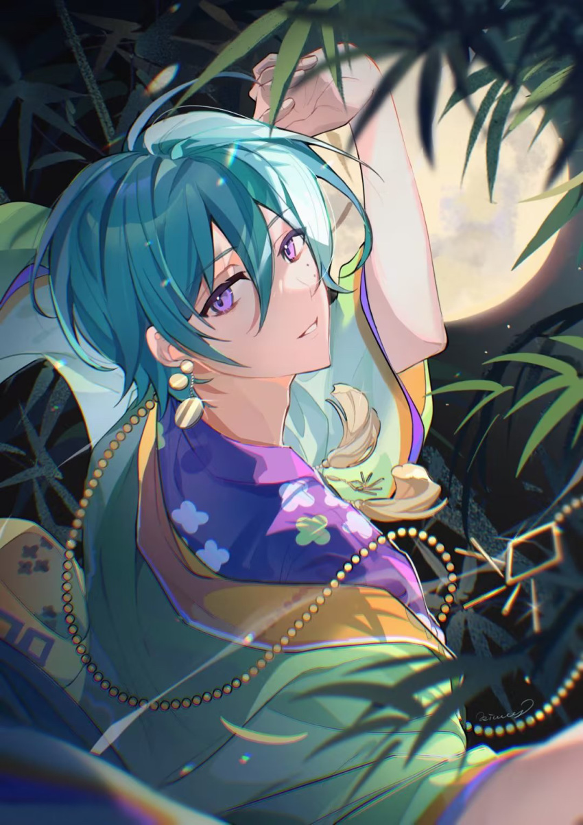 1boy, blue_hair, clothing_request, earrings, ensemble_stars!, green_robe, highres, jewelry