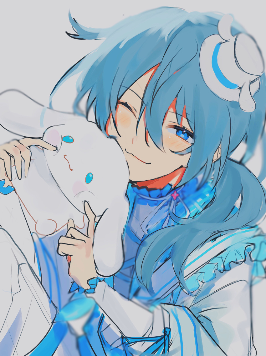 1boy, :3, absurdres, androgynous, blue_eyes, blue_hair, blush, cinnamoroll