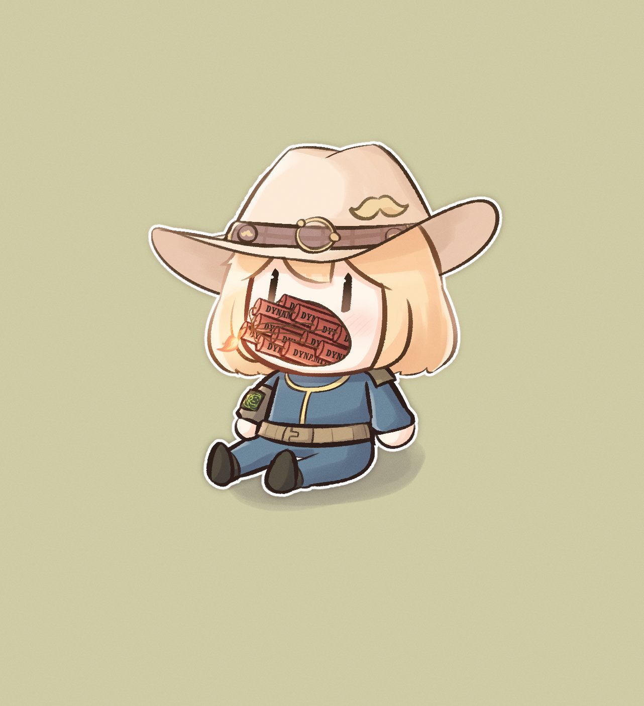 1girl, blonde_hair, chibi, commentary, cowboy_hat, crossover, dynamite, english_commentary