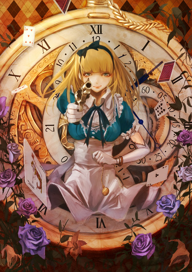 aiming_at_viewer, alice_(alice_in_wonderland), alice_in_wonderland, apron, aqua_dress, bangs, black_eyes, black_hairband