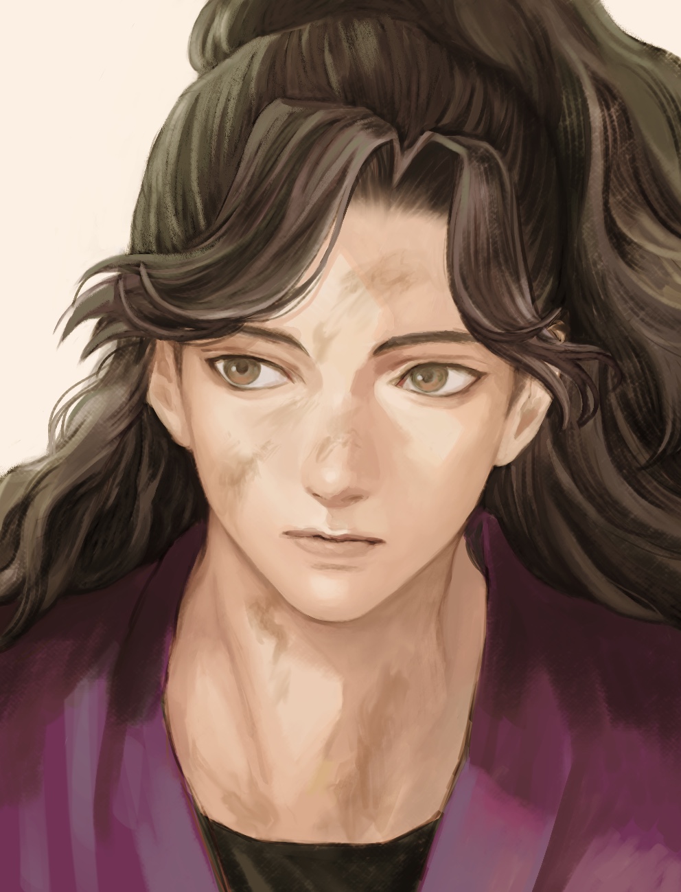 1boy, ayabe_kihachirou, bangs, brown_eyes, brown_hair, closed_mouth, dirty, dirty_face