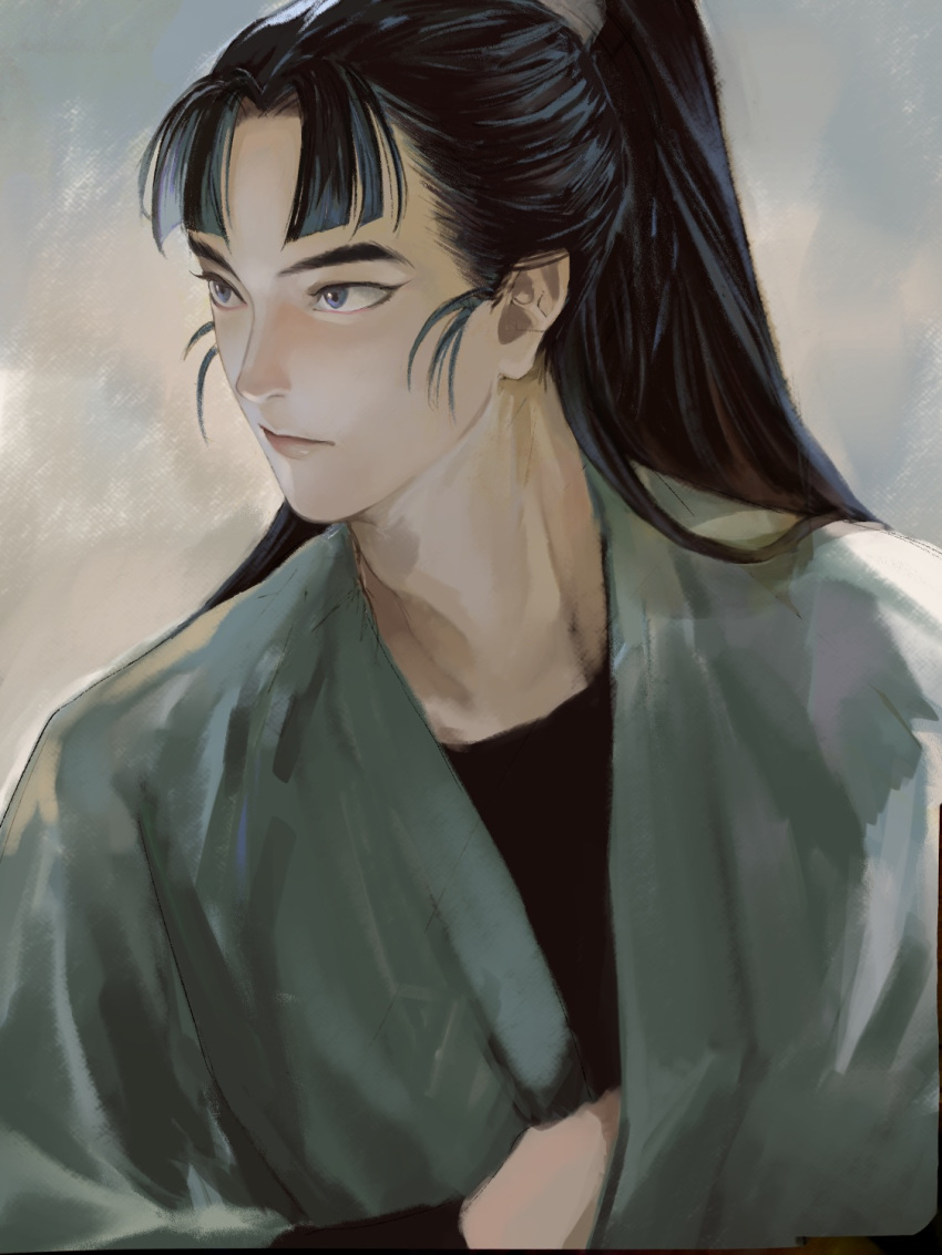 1boy, bangs, black_hair, blue_eyes, closed_mouth, hand_under_clothes, hand_under_shirt, high_ponytail