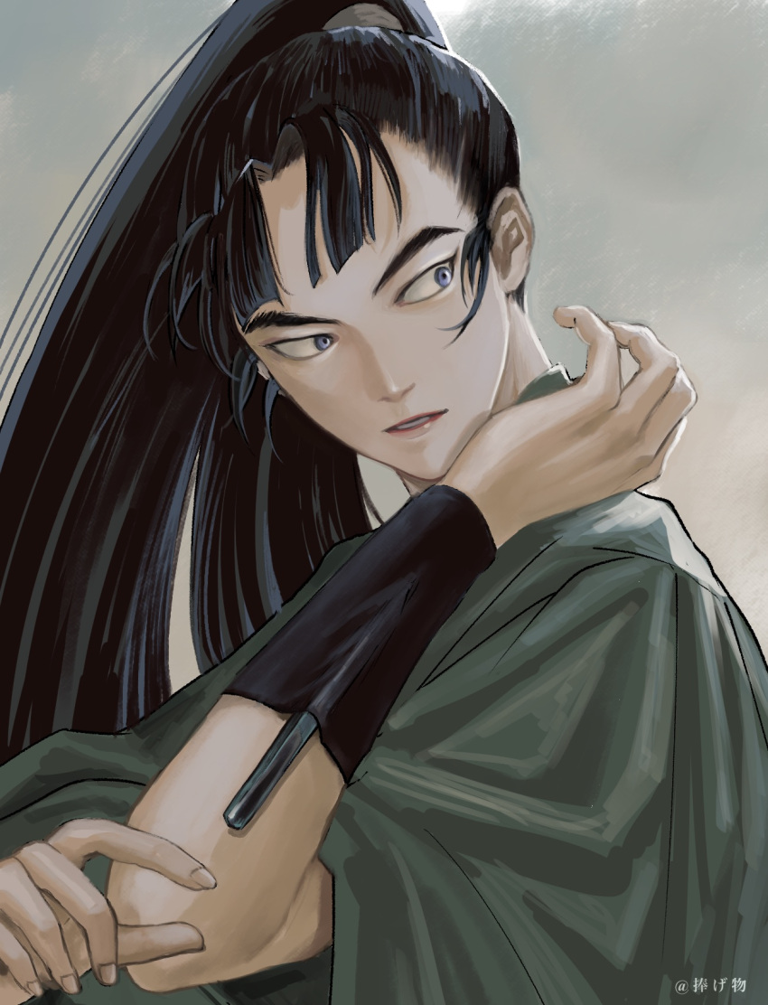 1boy, arm_guards, bangs, black_hair, blue_eyes, concealed_weapon, facing_to_the_side, fighting_stance