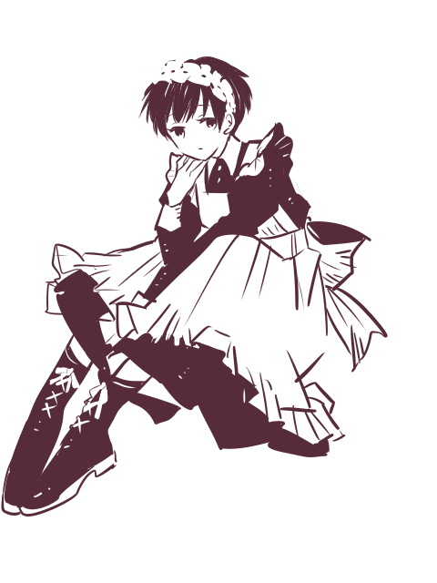 1girl, alternate_costume, apron, bangs, between_legs, boots, closed_mouth, collared_dress