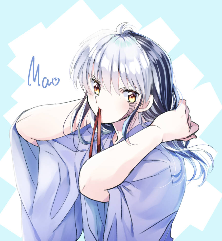 1boy, ahoge, arms_behind_head, bangs, blue_background, character_name, copyright_name, dafne