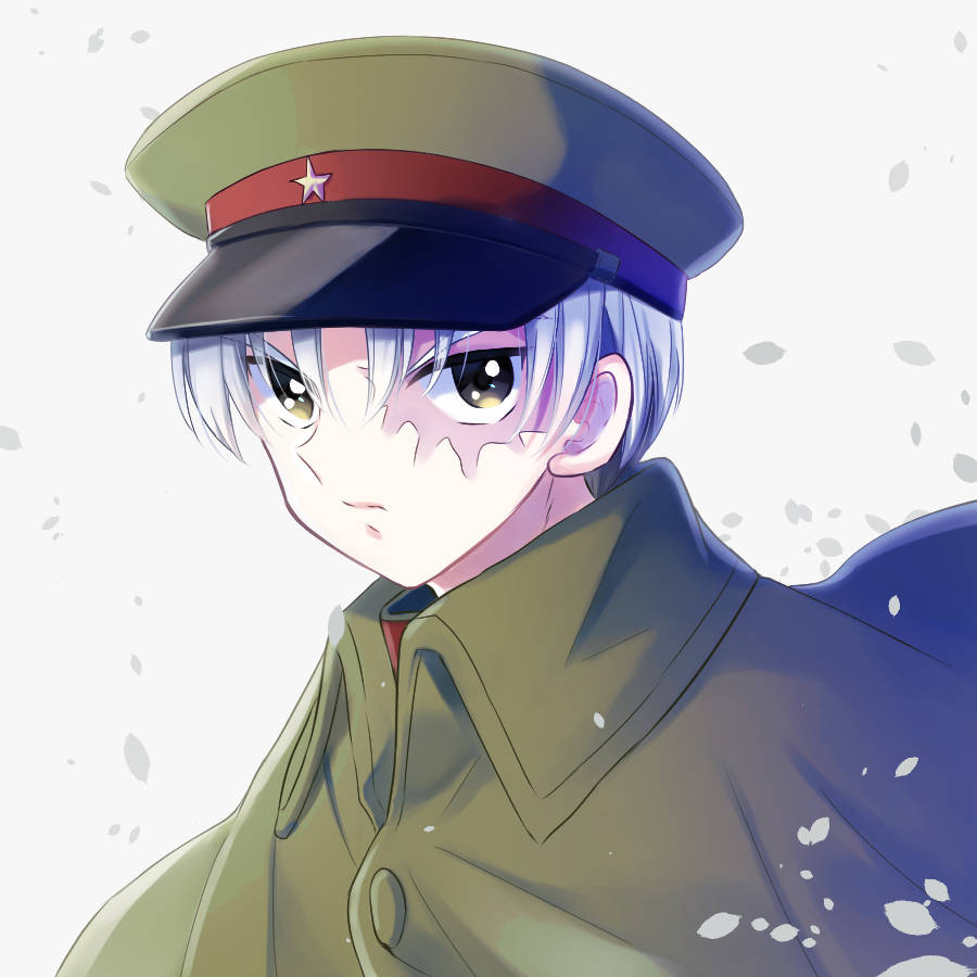 1boy, angry, black_hair, burn_scar, cloak, closed_mouth, dafne, green_cloak, green_headwear, hakubi_(mao), hat, looking_at_viewer, male_focus, mao_(takahashi_rumiko), military, military_hat, military_uniform, multicolored_hair, petals, portrait, scar, scar_on_face, solo, streaked_hair, uniform, white_background, white_hair, wind, yellow_eyes