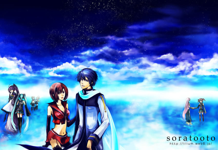 3boys, 5girls, blue_eyes, blue_hair, detached_sleeves, drill_hair, elbow_gloves, everyone