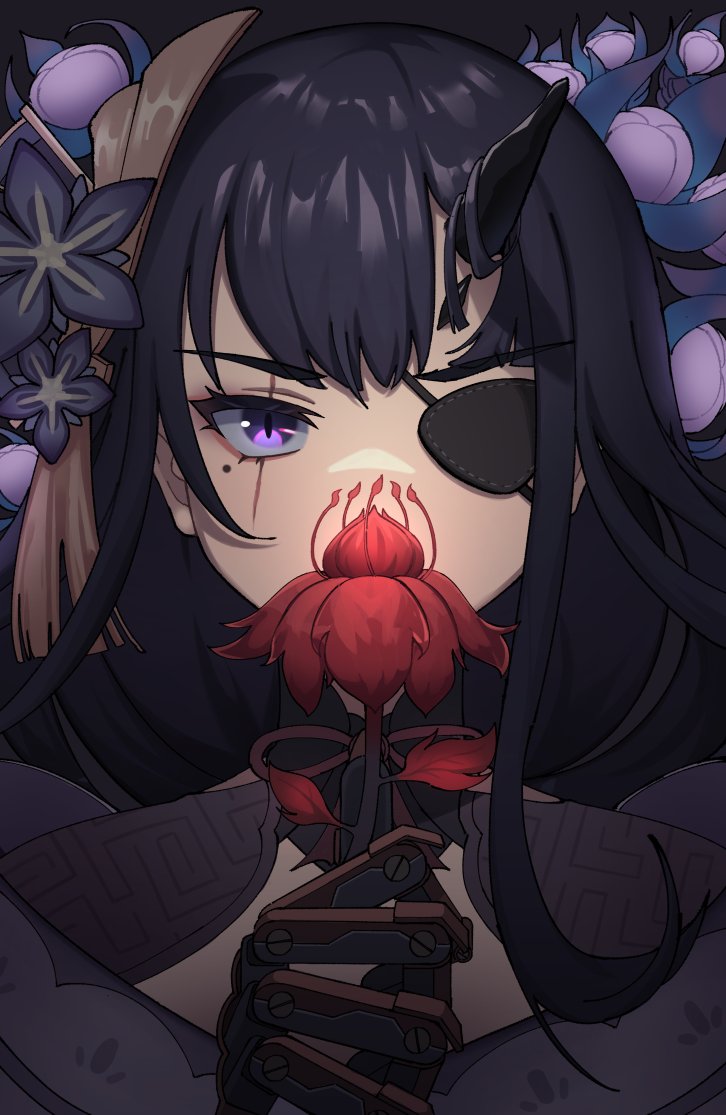 1girl, bangs, blue_hair, calponpon, covered_mouth, dark_blue_hair, eyepatch, flower