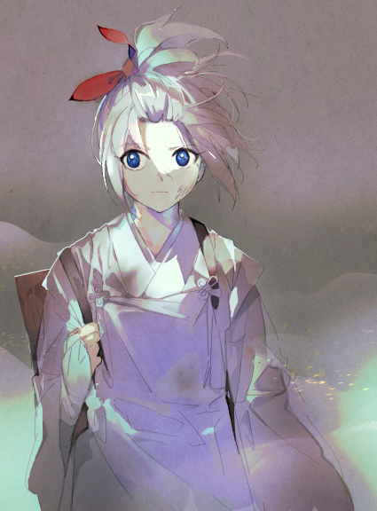 1girl, arm_at_side, backpack, bag, blue_eyes, box, bridal_gauntlets, bruise