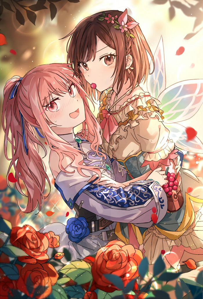 1girl, 1other, akiyama_mizuki, bangs, blue_flower, blue_rose, blush, bow