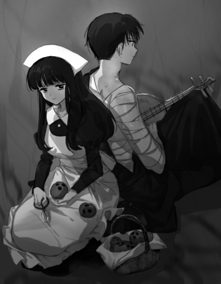 1boy, 1girl, back-to-back, bandaged_arm, bandaged_chest, bandages, basket, blurry