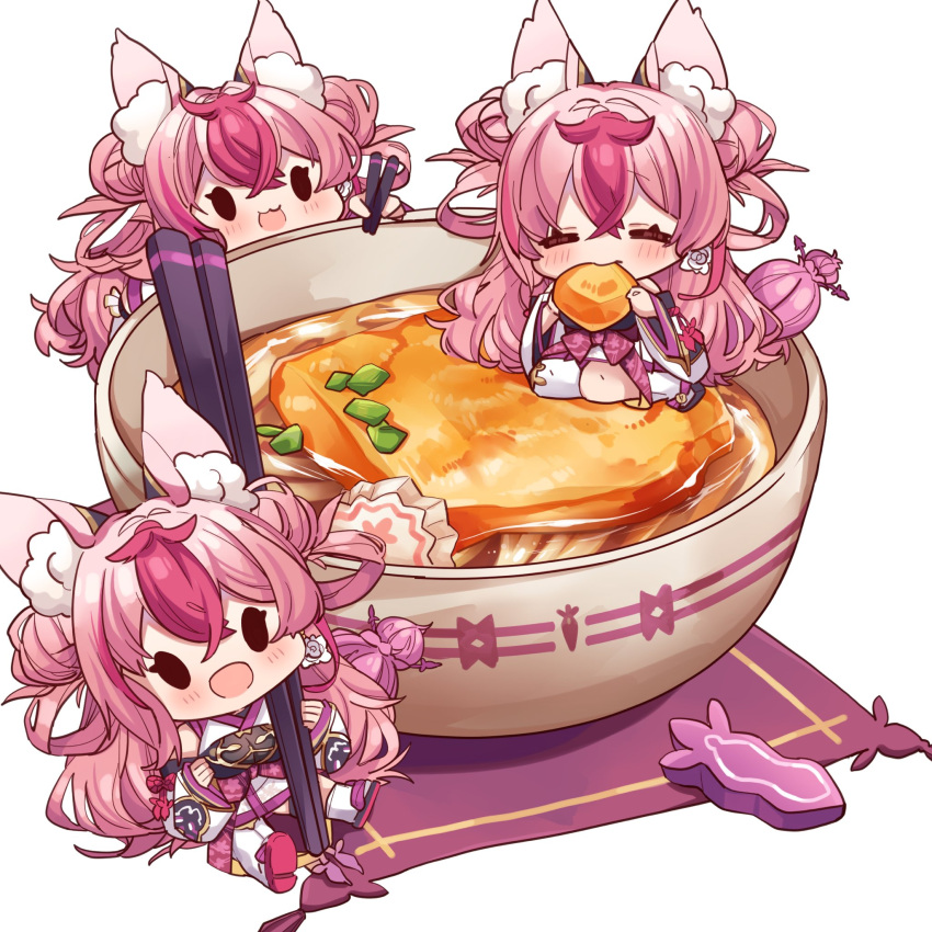 1girl, animal_ear_fluff, animal_ears, artist_request, bangs, bowl, chibi, chopsticks, clone, closed_eyes, eating, food, hanayono_menora, highres, holding, holding_chopsticks, indie_virtual_youtuber, long_hair, multicolored_hair, noodles, open_mouth, pink_hair, second-party_source, sitting, streaked_hair, virtual_youtuber