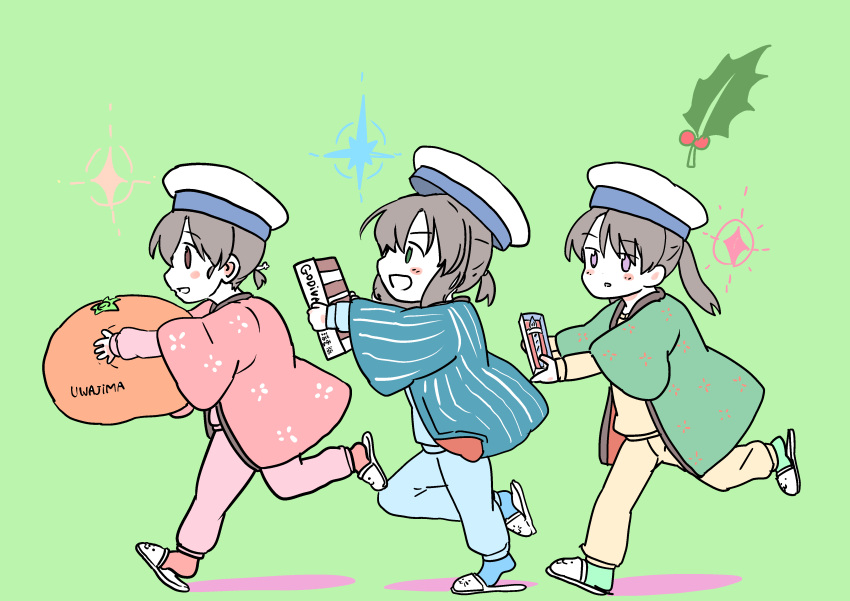 3girls, absurdres, alternate_costume, black_hair, bob_cut, box, daitou_(kancolle), green_pants