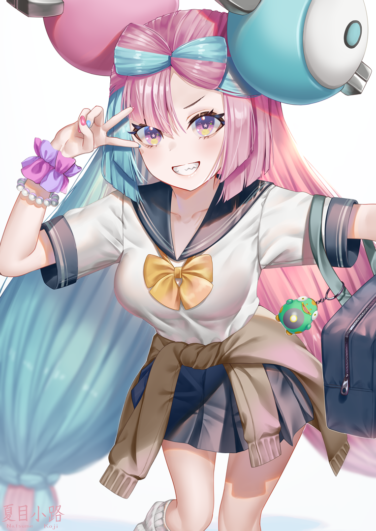 1girl, alternate_costume, bag, bangs, bead_bracelet, beads, bellibolt, bow