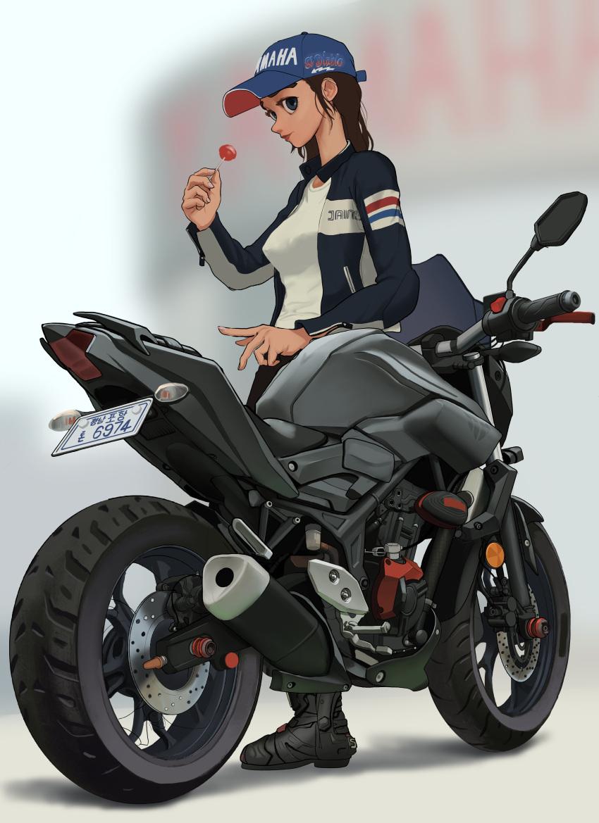 1girl, absurdres, baseball_cap, biker_clothes, black_footwear, blue_eyes, blue_headwear, boots