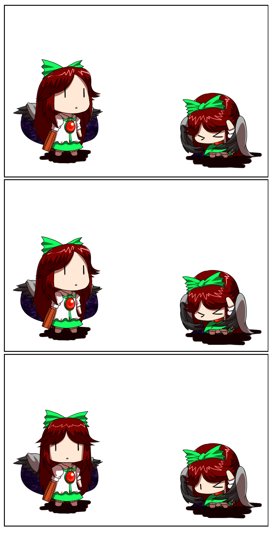 >_<, :<, arm_cannon, brown_hair, cape, chibi, comic, cowering, hanrei, highres, jittoku_seigyobou_unyuho, long_hair, m.u.g.e.n, mugen_(game), reiuji_utsuho, ribbon, silent_comic, touhou, weapon, wings