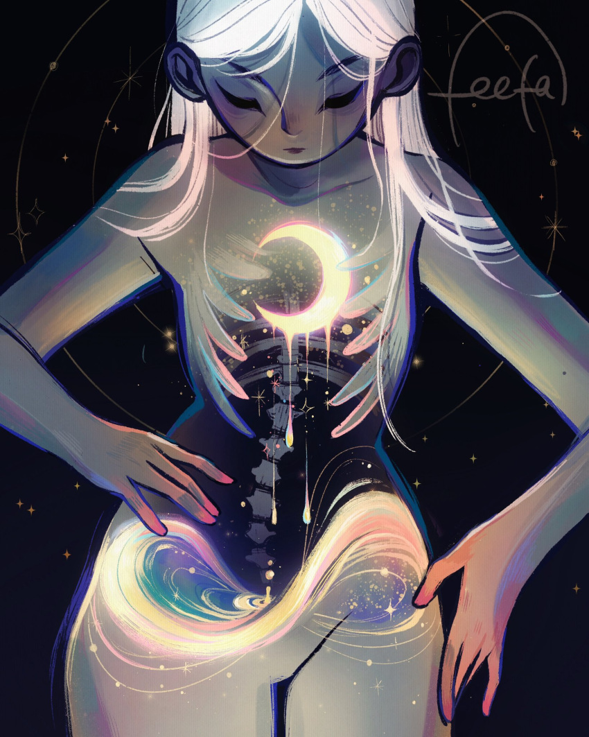 1girl, closed_eyes, closed_mouth, commentary, constellation, crescent_moon, dark_background, dripping