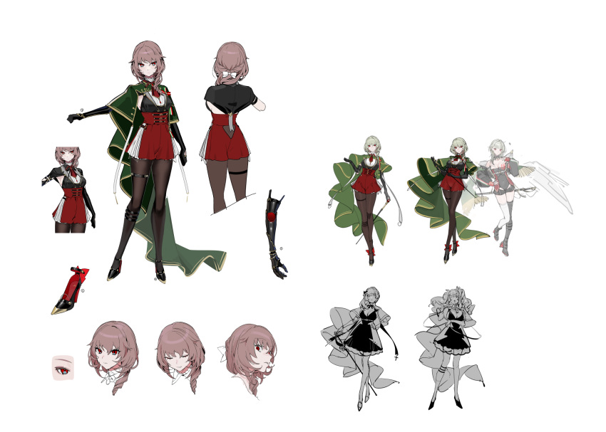 2girls, azur_lane, black_footwear, black_gloves, brown_pantyhose, cape, concept_art, drill_hair
