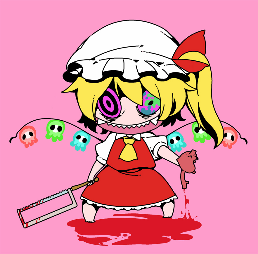 1girl, ascot, barefoot, blonde_hair, blood, bonesaw, bow, chibi
